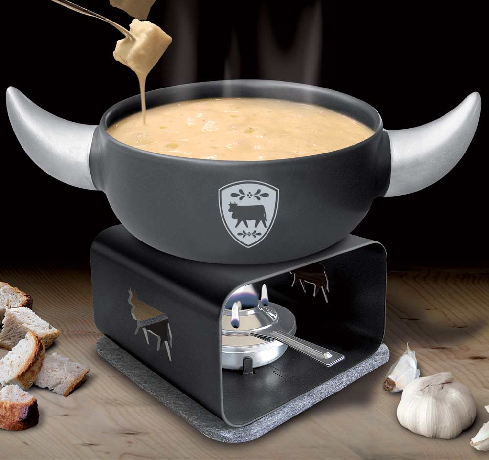 FondueSet Hörner schwarz Induktion mit Rechaud Kuh schwarz Steinlin